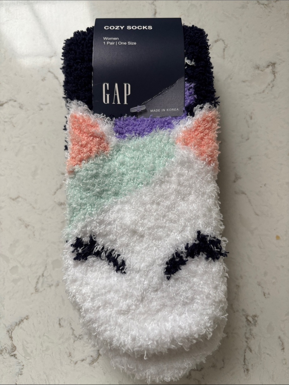 GAP Women's Fuzzy Cat Cozy Socks in White, Mint & Coral